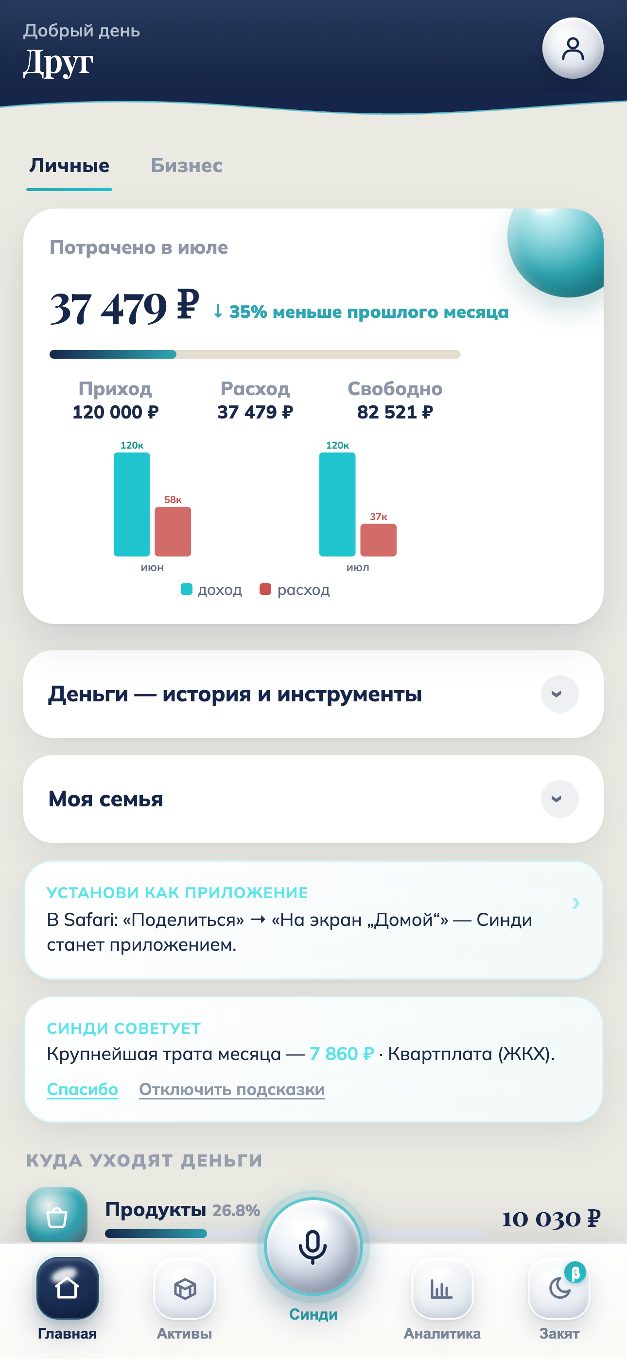 Главный экран Pocket Finance: бюджет месяца, семья, куда уходят деньги